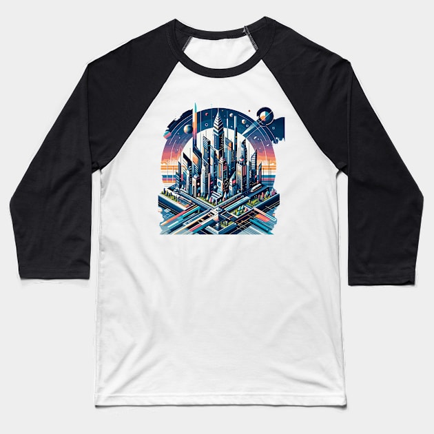 Geometric Cityscape: Future Skyline Baseball T-Shirt by Graphic Wonders Emporium